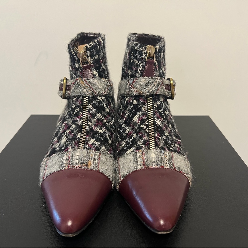 CHANEL Tweed Ankle Boots with Burgundy Toe - Authentic